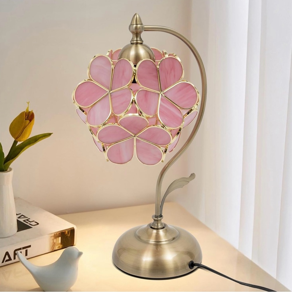Tiffany Style Pink Stained Glass Flower Table Lamp Bedside Night Light NWT